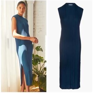 Naadam Blue Combo Silk Cashmere Ribbed Maxi Dress L Sleeveless Knit Slit Dress